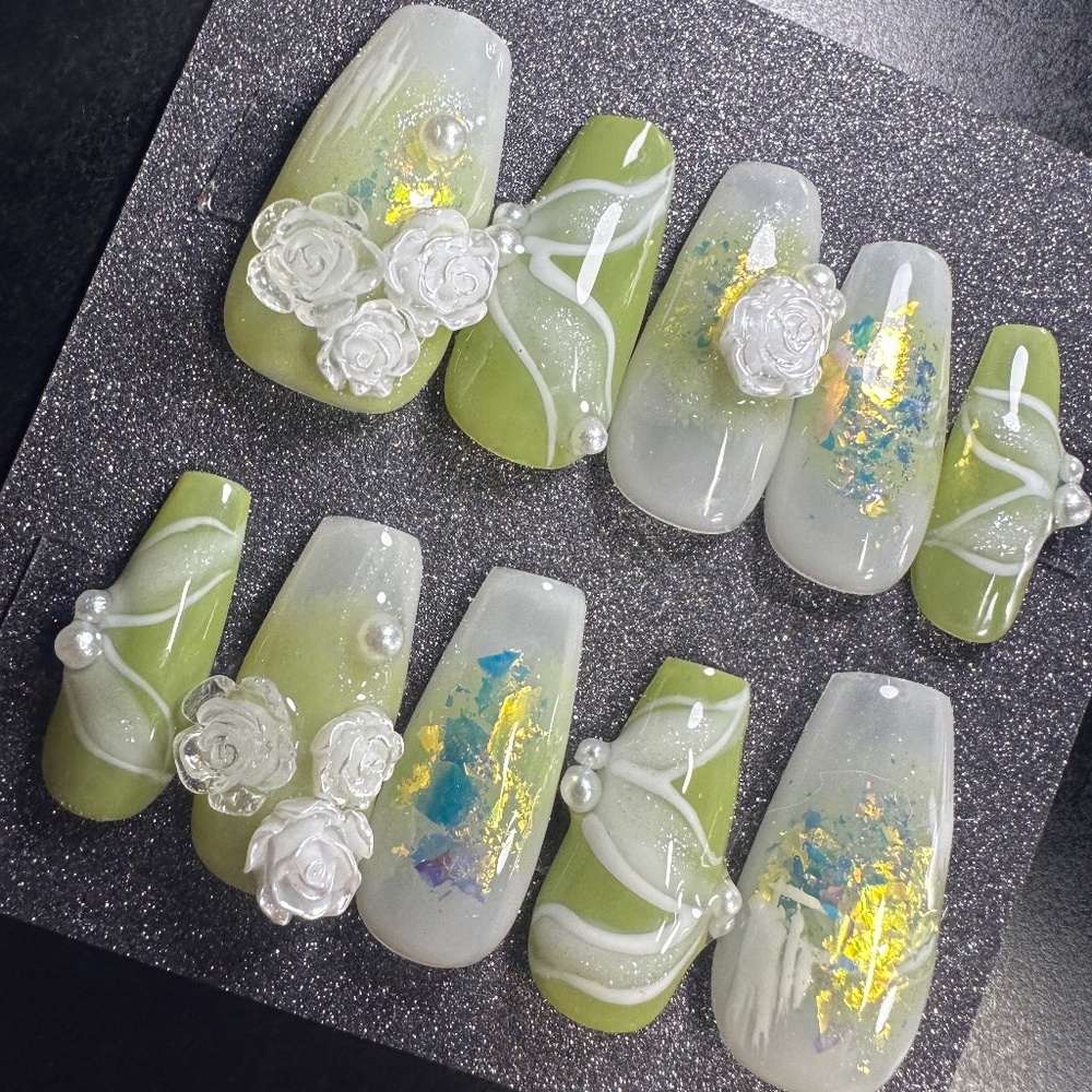 Medium coffin green and white with roses handmade press on nails